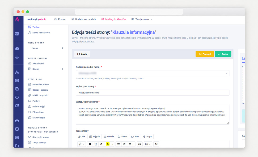 Widok panelu InspiracyjnyAdmin służącego do prowadzenia Biuletynu Informacji Publicznej