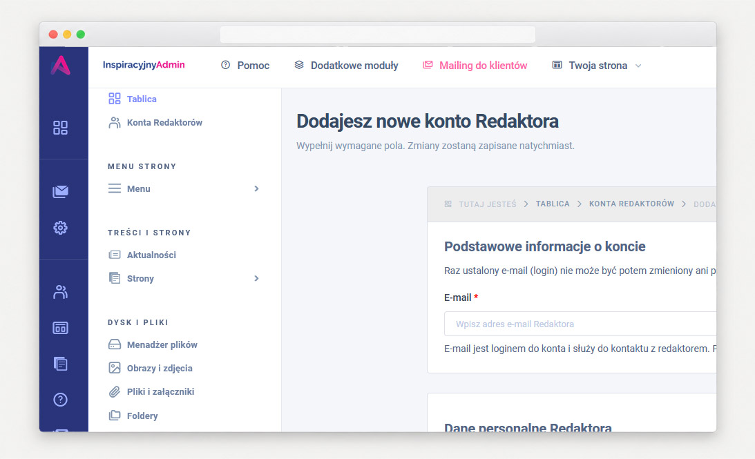 Edytor stron i komunikatów w panelu InspiracyjnyAdmin